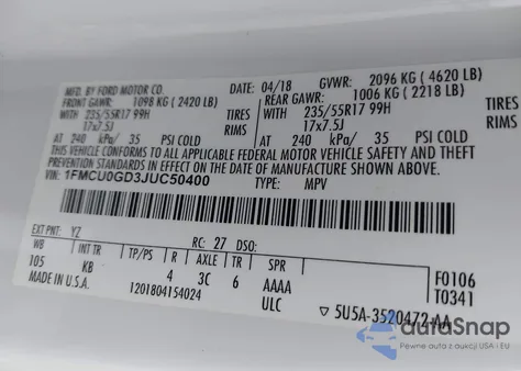 2018 Ford Escape Se z USA, uszkodzony, nr VIN 1FMCU0GD3JUC50400